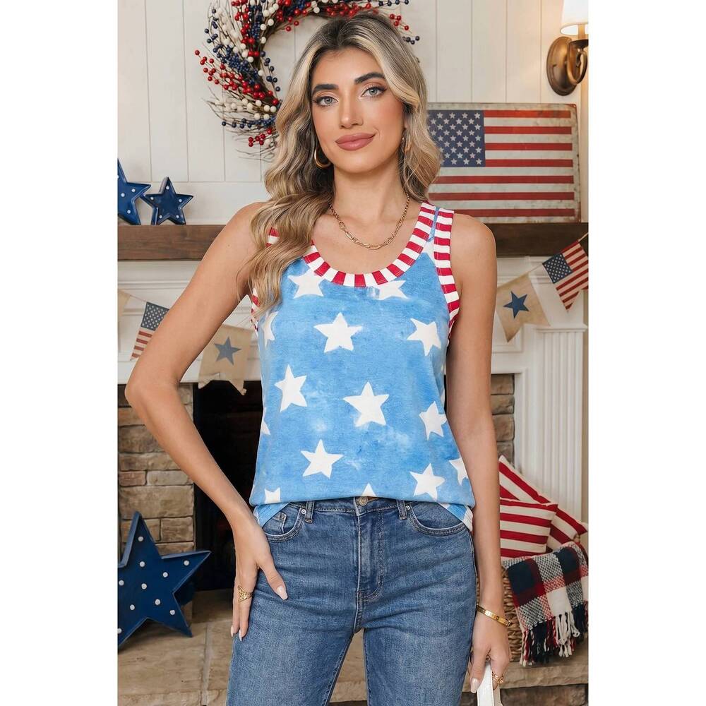NEW SHEWIN tie dye stars and stripes tank top in blue multi